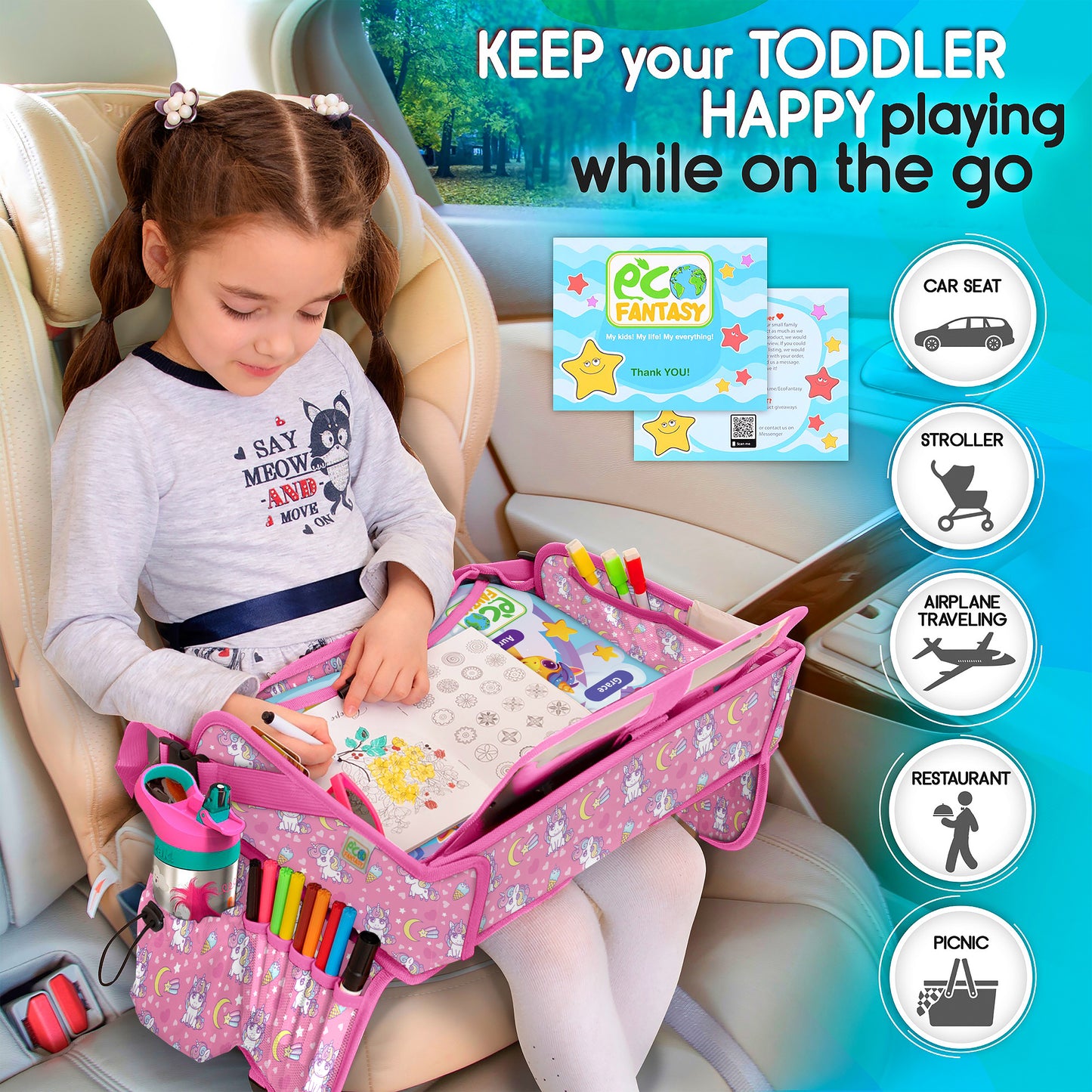 ECOFANTASY Car Seat Travel Tray for Toddlers (Unicorn)
